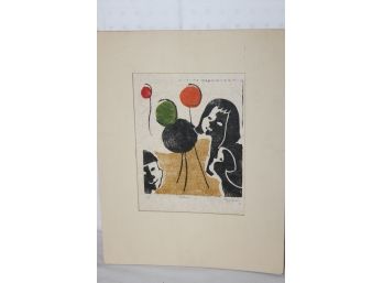 Artist Signed Mid Century Wood Block Print