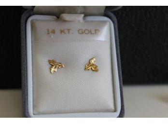 14K Gold Three Petal Leaf Earrings With 14K Backings