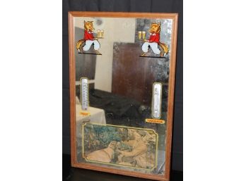 Rare Red Fox Beer Waterbury Brewery Advertising Mirror With Thermometers