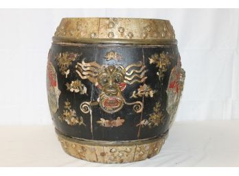 Chinese Or Japanese Asian Dragon Paneled Wood Drum Covered Barrel