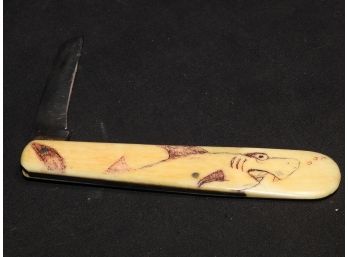 Old Scrimshaw Bone Handle Knife Depicting Great White Shark