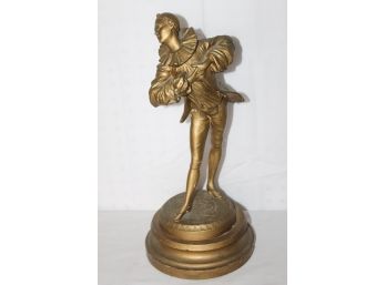 Old Metal Harlequin Or Clown Statue On Wood Base