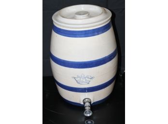 Vintage Blue Banded Stoneware Ice Water Dispenser With Lid