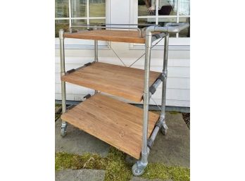 Galvanized Steel Rolling Utility Cart With Wood Shelves