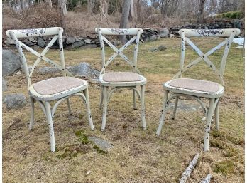 Set Of 3 Antique Bentwood Chippy Paint Bistro Chairs With Woven Rush Seat