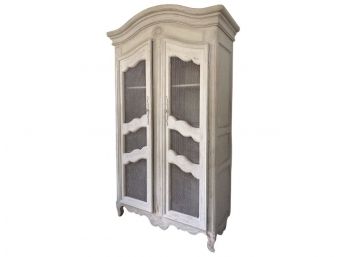 Vintage French Country Painted Armoire With Wire Paneled Doors