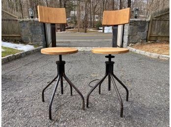 Pair Of Wood And Black Metal Adjustable Height Stools