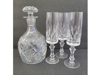 Nice Crystal Decanter And 3 Crystal Flutes