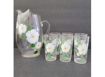 Beautiful Vintage Hand Painted Glass Pitcher And 6 Glass Set