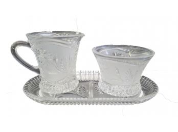 Nice Glass Milk And Sugar Pieces On Matching Glass Tray