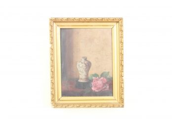 Acrylic On Canvas Still Life Painting Of Rose And Pottery In Ornate And Gilt Frame