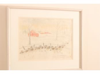 Water Color And Pencil Winter Farm Scene Signed 'M.G Michaud'