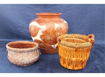 Two Cute Baskets And Pottery Planter