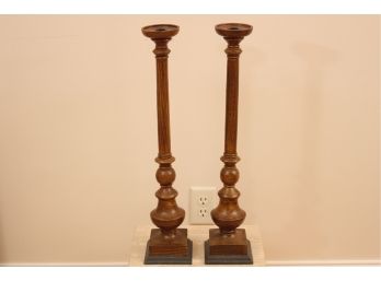 Pair Of Tall Wooden Candlestick Holders