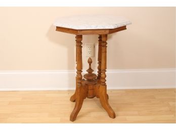 Teak And Marble Pedestal Table