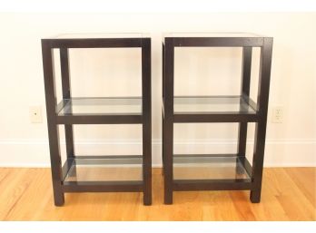 Pair Of Restoration Hardware Three Tiered Wood And Glass Shelving Tables