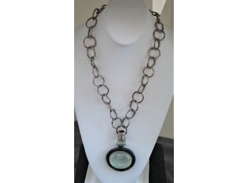 Designer Artisan Chunky Sterling Silver Necklace With Large Glass Pendant One Of Kind