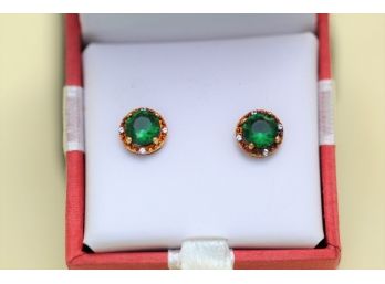 Gold Over Sterling Silver Green Stone Stud Earrings