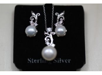 Sterling Silver Pearl Earring And Pendant Necklace Set