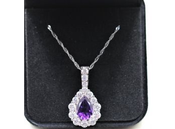 Sterling Silver Designer Signed Amethyst Pendant Necklace