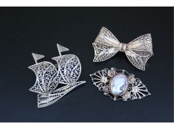 3 Filigree Silver Pins 800 Silver