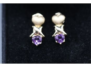 10k Yellow Gold Amethyst Heart Earrings