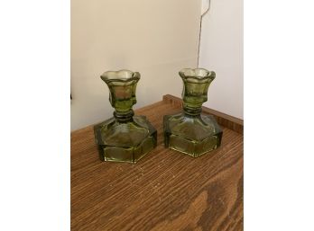 Pair Of Green Glass Candlestick Holders, Patriotic Americana Stamps Along Bottom