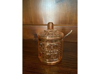 Beautiful Pink Glass Sugar Bowl With Lid And Spoon