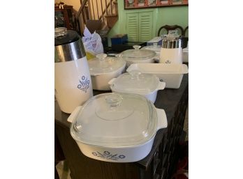 Large Lot Of Vintage Corning Wear 14 Pieces Plus Lids Including Two Carafes