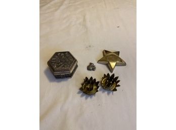 Metal Decor Lot, Trinket Dish, Candle Holders, Small Bears, And Paperweight