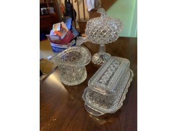 3 Piece Crystal Glass Lot, Hat, Butter Dish, Apple Candy Bowl