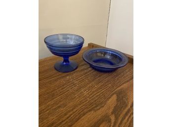 Ribbed Blue Glass Goblet And Trinket Dish Lot