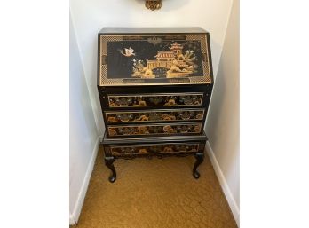 Beautiful Asian Theme Painted Secretary Desk - Lots Of Storage!