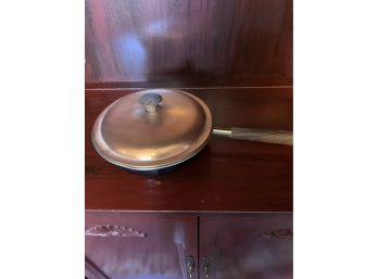 Vintage Enamel Frying Pan With Copper Lid And Wood Handle. Made In Italy  9 And One Half Inches