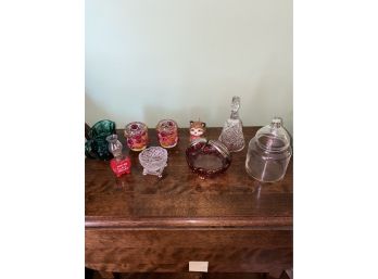 Decor & Glassware Lot Including Glass Basket, Candle Holders, Bell, Trinket Dish, Covered Jar, & More!