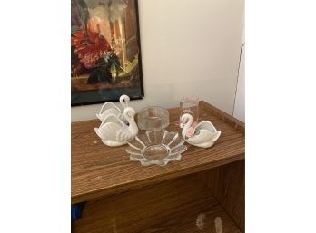 Small Decorative Glassware Lot - Swans, Trinket Bowls, Paperweight