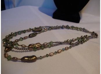 Sterling Clasp Gray Seed Pearls, Fresh Water Pearls, And Green Crystal 3 Strand Necklace