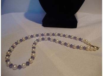 Sterling Clasp Pearl And Purple Crystal Necklace 15'