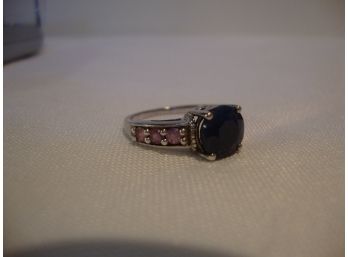 Sterling Ring With Smokey Blue Center Stone And Pink Side Stones