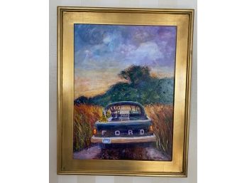 Framed Signed Oil On Canvas- Pickup Truck In Field