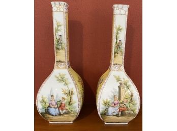 Unique Pair Of Dresden Hand Painted Vases