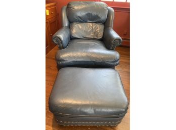 Blue Hancock And Moore Blue Leather Club Chair And Matching Ottoman