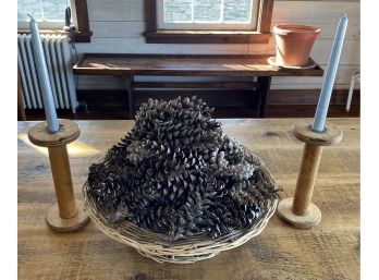 Pair Of Spool Candlesticks And Basket With Pinecones