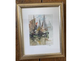 Framed Harbor Scene Etching