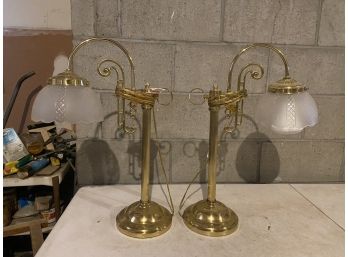 Set Of 2 Brass And Glass Lamps