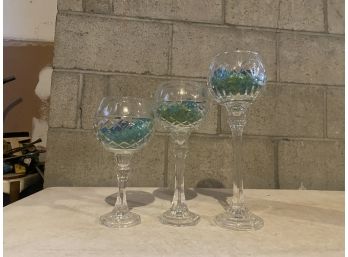 Set Of 3 Cut Glass Candle Holders