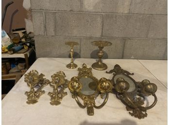 Group Of Brass Sconce's And Candle Holders