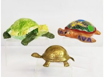 Colorful Handpainted Ceramic & Brass Turtles