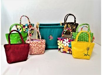 9 Children's Multicolored Purses & Wood And Canvas Folder Away Storage Tote