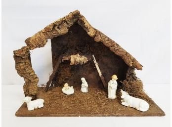 Vintage Wooden Manger With Five Ceramic Nativity Figurines